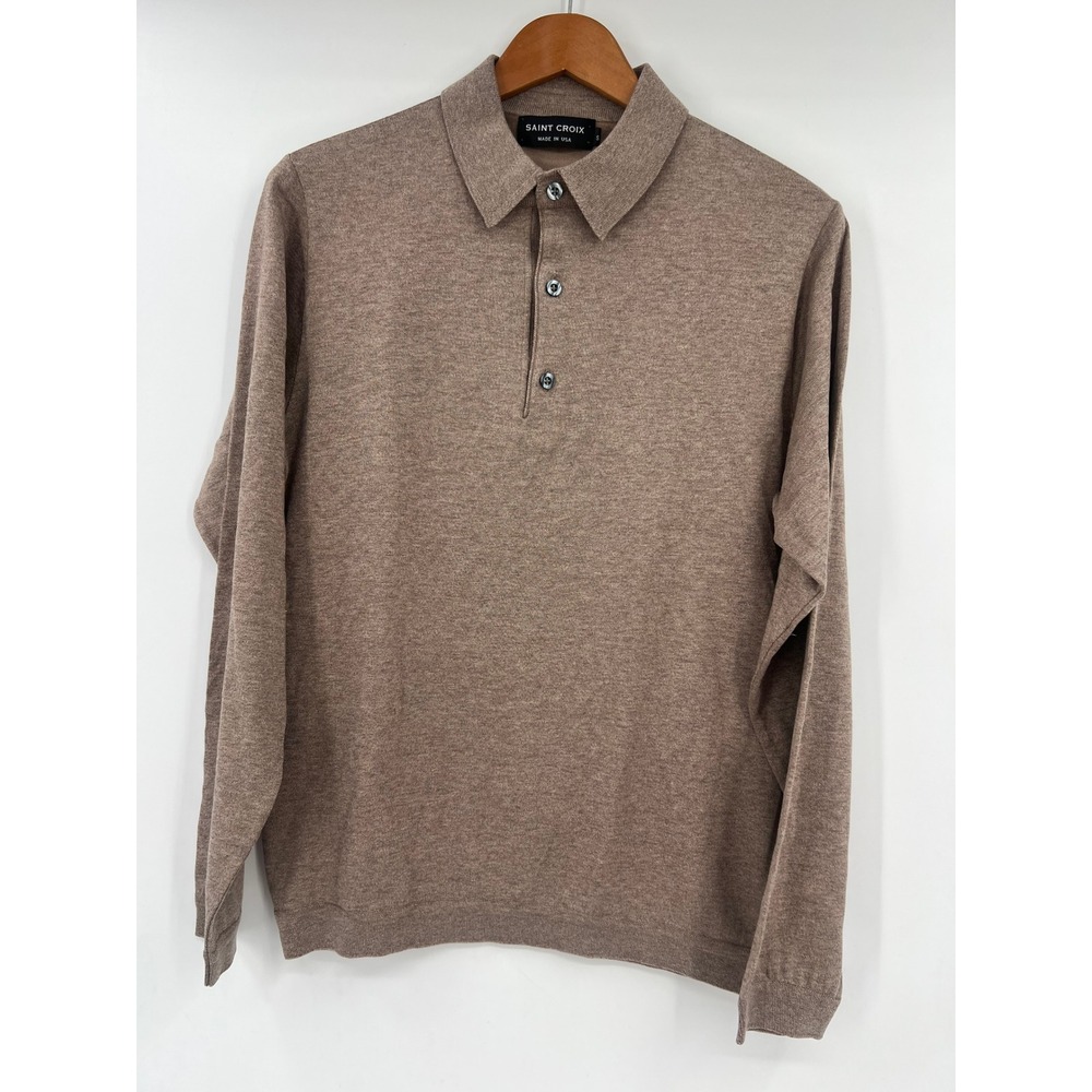 Saint Croix Mens S Long Sleeve Knit Preppy Polo Shirt Heather Brown Cotton Blend